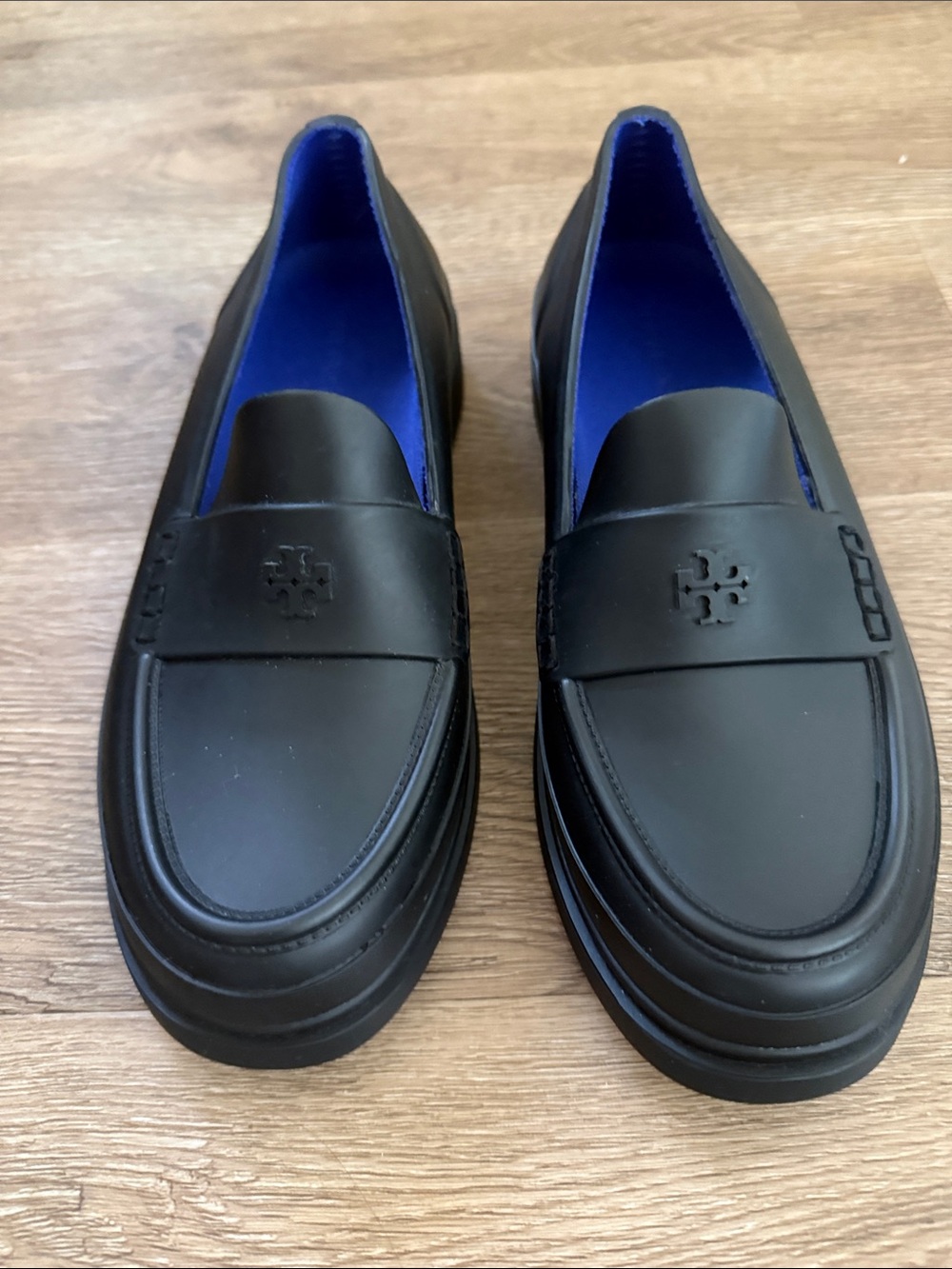 Tory Burch Black Rain Loafers with Blue Interior